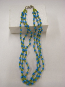 Beaded necklace, three stranded seed beads in chartreuse and turquoise.
